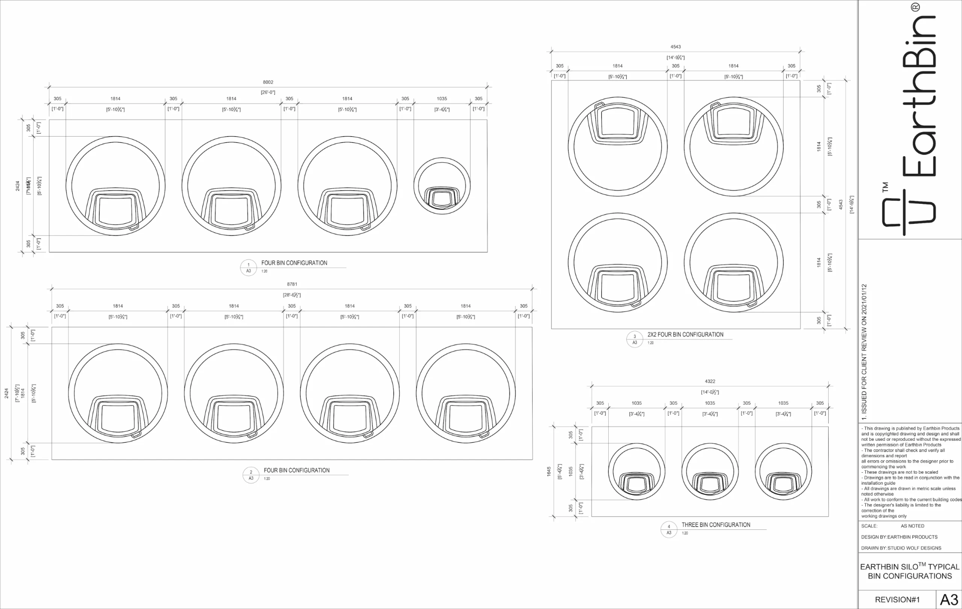 EarthBin Silo drawing sheet A3 — Typical Bin Configurations — 3 & 4 Bins