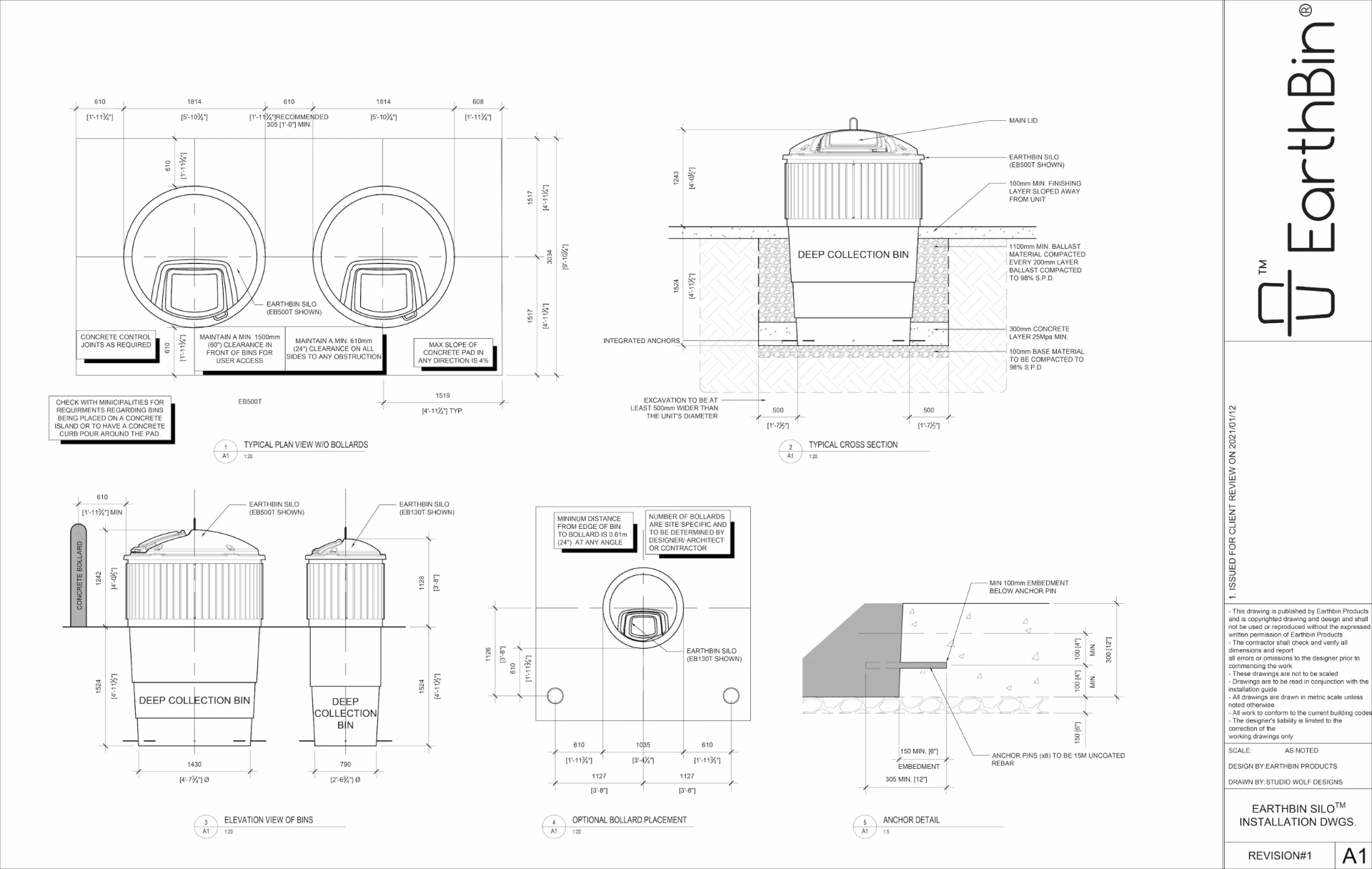 EarthBin Silo drawing sheet A1 — Installation Drawings — Plan, Cross Section & Anchor Detail