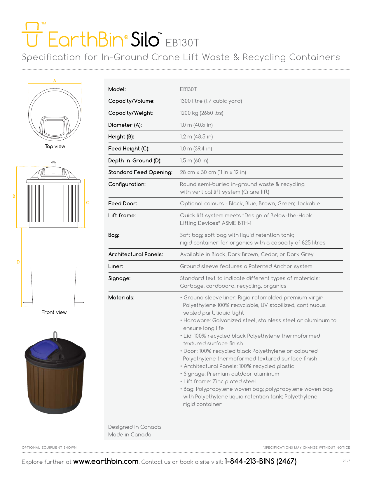 EarthBin SILO 130T specification sheet