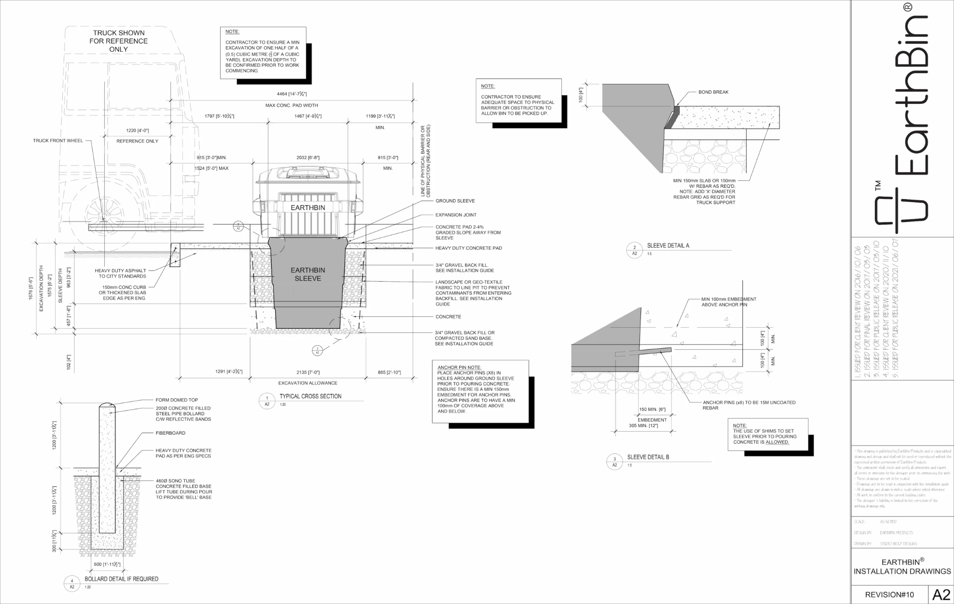 EarthBin drawing sheet A2 — Installation Drawings — Typical Cross Section & Sleeve Details