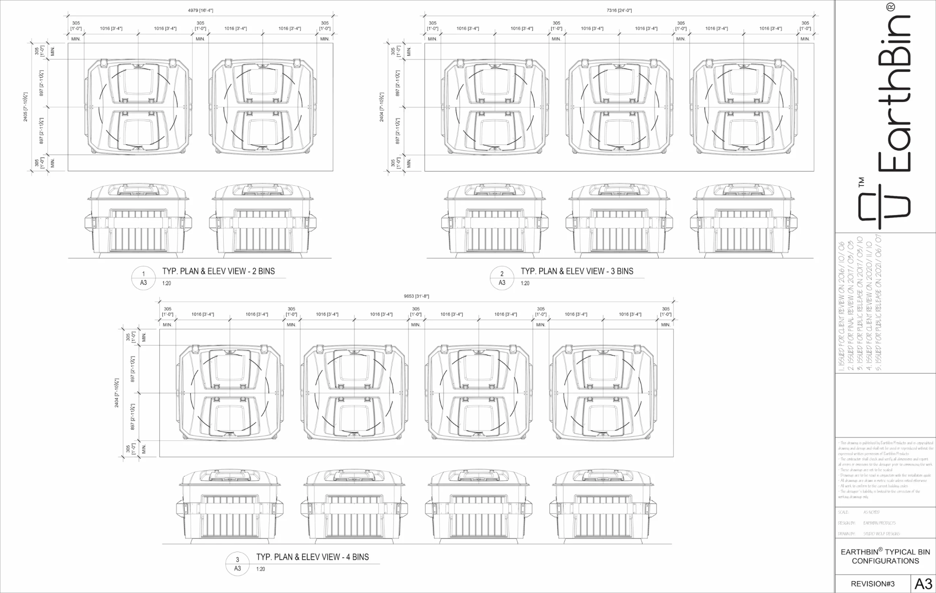 EarthBin drawing sheet A3 — Typical Bin Configurations — 2, 3 & 4 Bins