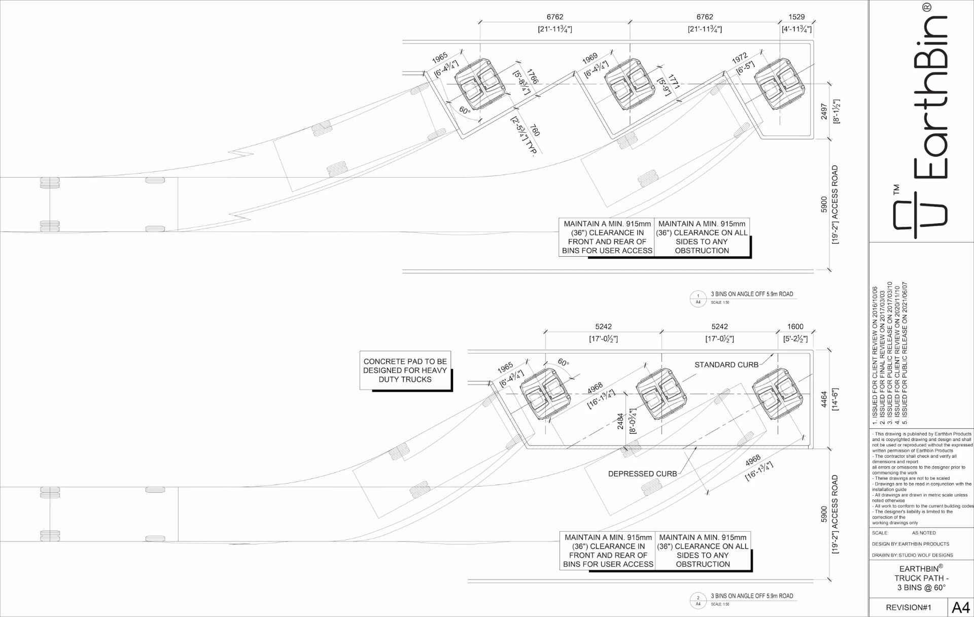 EarthBin drawing sheet A4 — Truck Path — 3 Bins @ 60° Off 5.9m Road