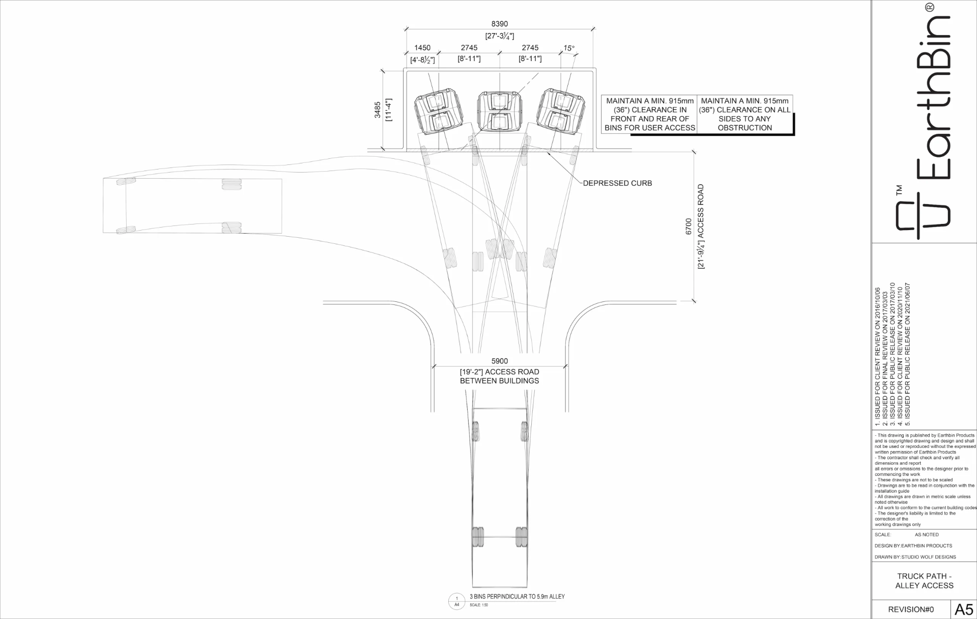 EarthBin drawing sheet A5 — Truck Path — Alley Access, 3 Bins Perpendicular