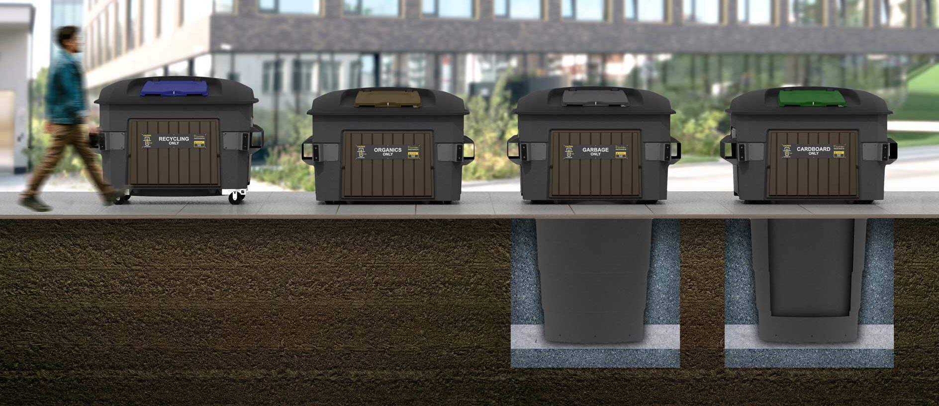 EarthBin in-ground waste bins shown above and below the surface